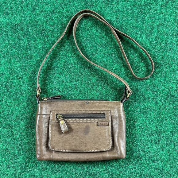 Fossil Front‎ Zip Pocket Brown Leather Small Crossbody Bag Purse - Picture 1 of 9